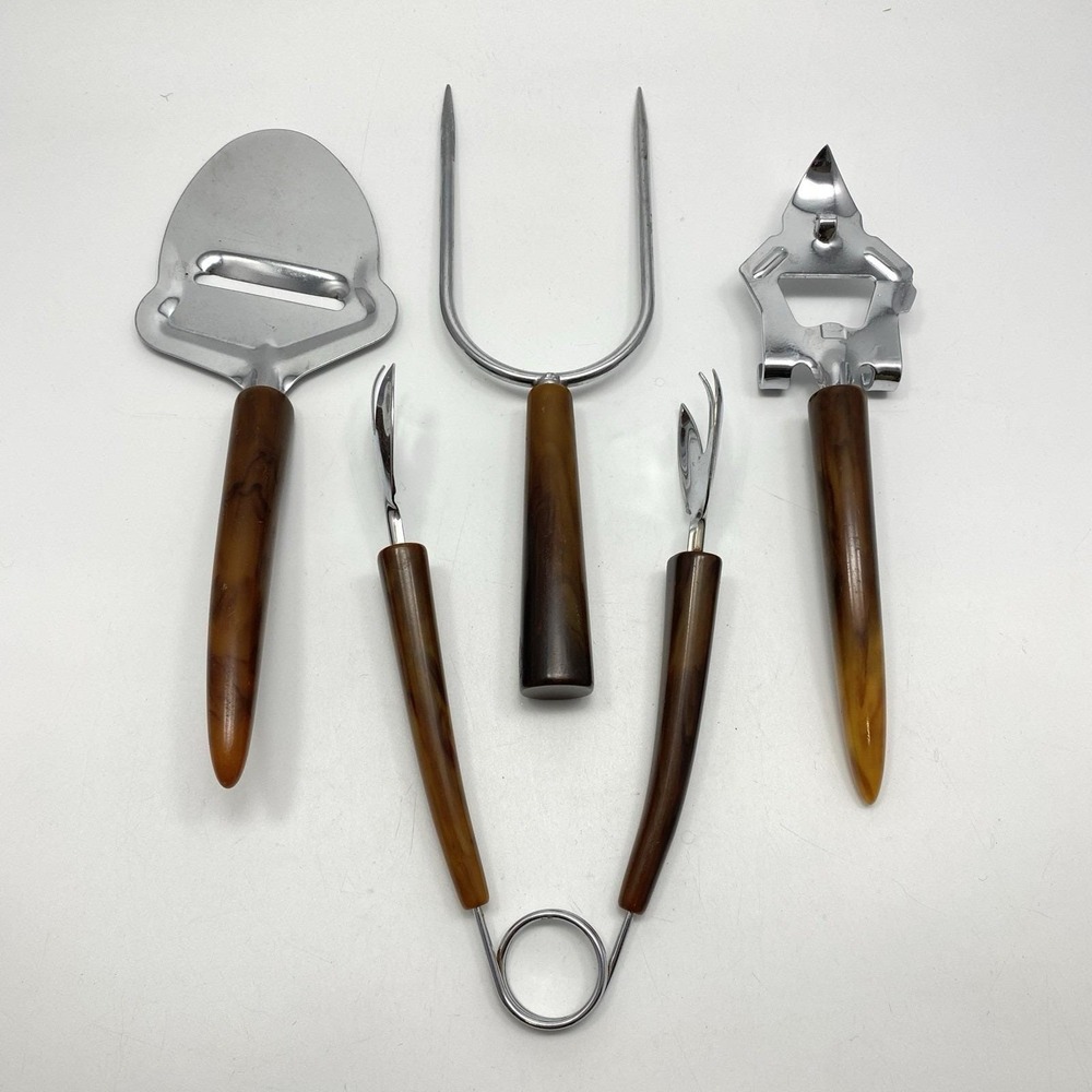 Vtg 4 Barware Utensils Marbled Faux Horn‎ Bottle Opener Cheese Slicer Tongs Fork